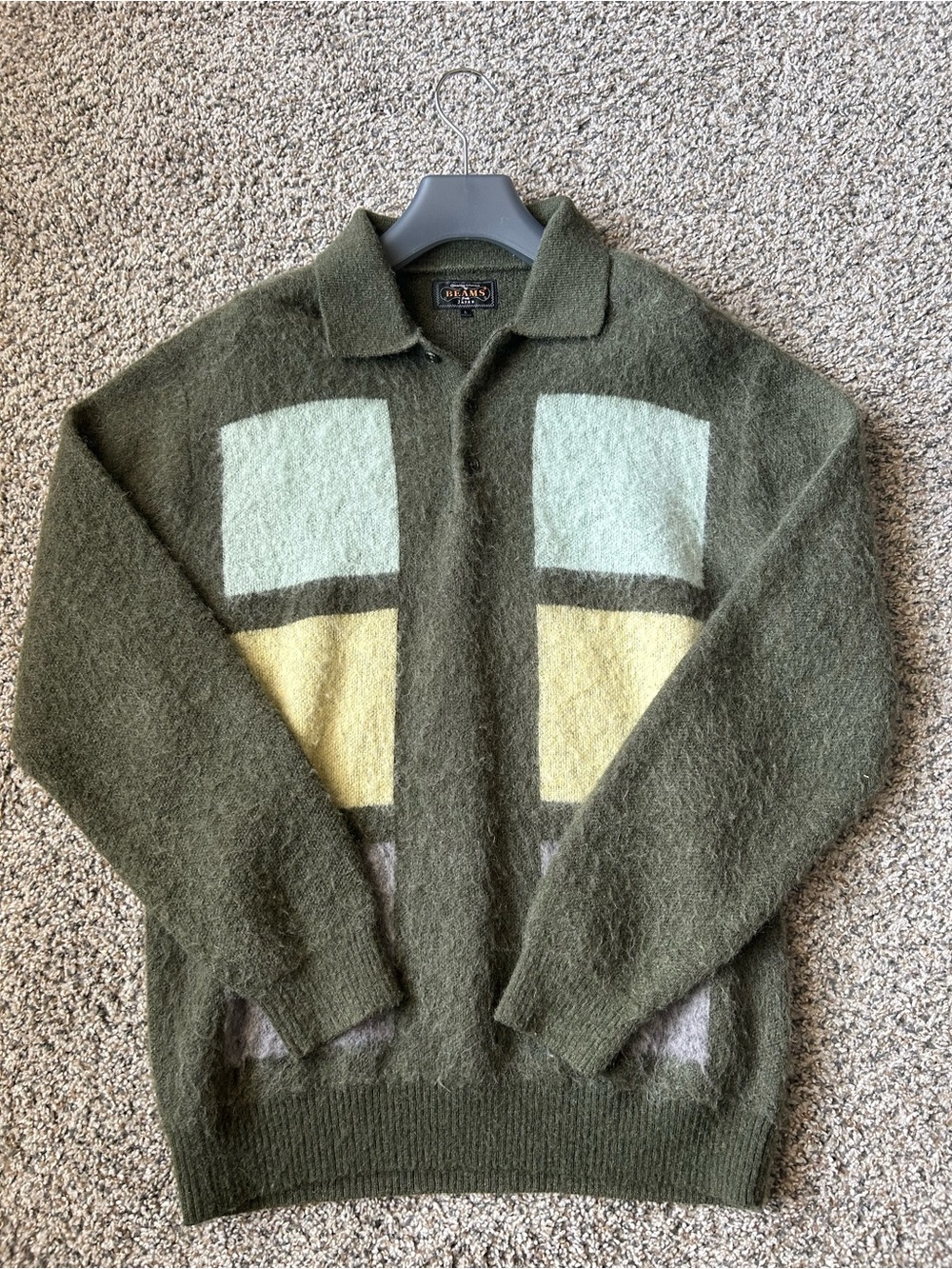Beams Plus Olive Green Zip-Up Polo Sweater with Geometric Panels